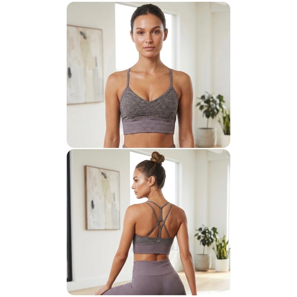Alo Yoga Alosoft Lush Bra Dark Plum Heathered Strappy Back Sports Bra Size M